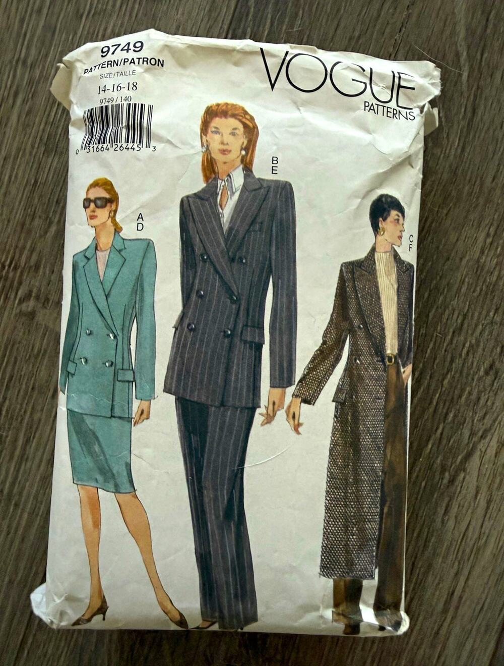 Vintage Vogue Patterns 9749 Misses Jacket, Skirt & Pants Suit Sewing Pattern Sz